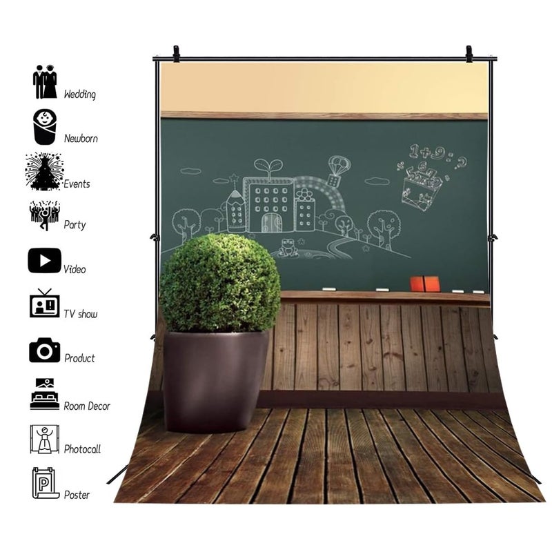 AOFOTO 5x7ft Classroom Chalkboard Background Blackboard Online Teaching Backdrop Back to School Wooden Plank Floor Kids Student Teacher Child Portrait Kindergarten School Photoshoot Studio Props Vinyl - Image 3